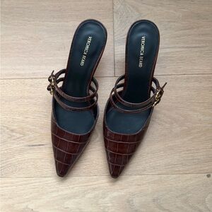Veronica Beard Dark Brown Croc-Embossed Mules